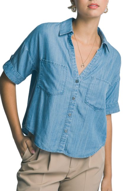 Short Sleeve V Neck Chambray Shirt