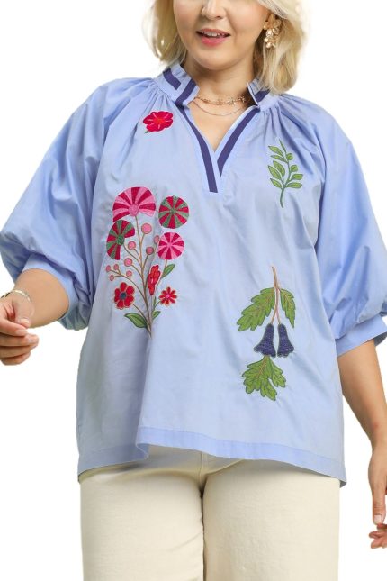 Plus Embroidered Floral V-neck Blouse