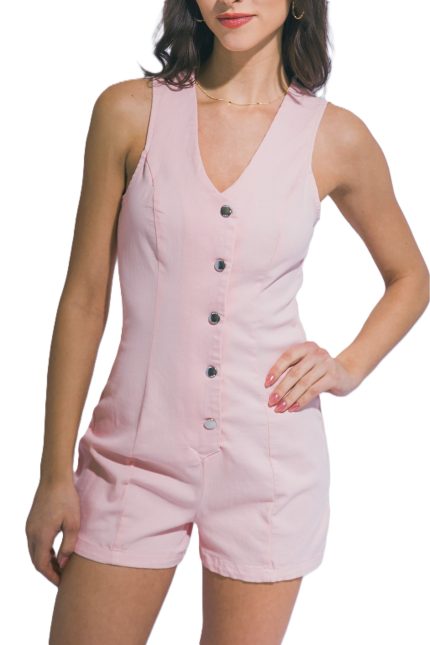 V-neck Button-front Denim Romper