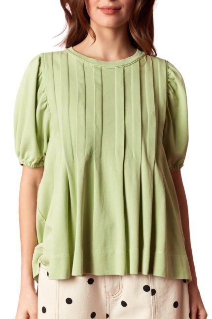 Washed Jersey Bubble Sleeve Tuck Pleat Flare Top