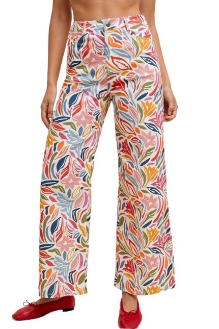 Comfy Stretch Artistic Floral Wide-leg Denim Jeans