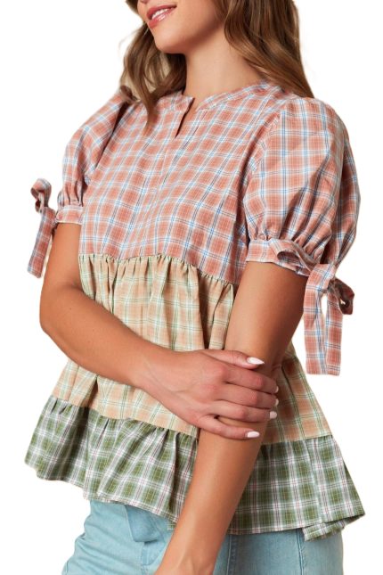 Plaid Color Block Tiered Blouse
