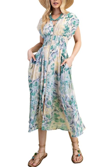 Floral Midi Dress With A Front Zipper