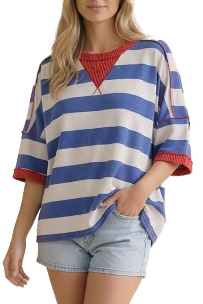 Crew Neck Oversized Stripe Pullover Knit Top