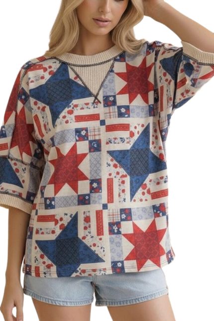 Short Sleeve Star And Floral Patchwork Top