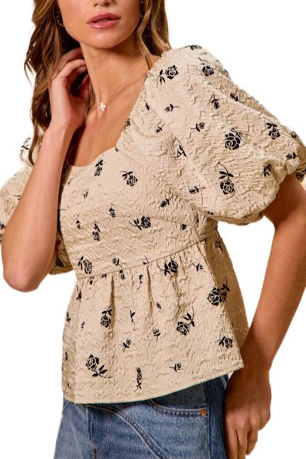 Rose Print Textured Square Neck Short Blouse Top