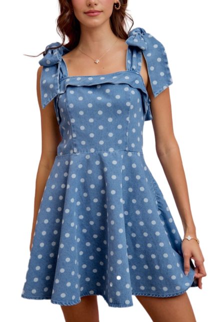 Polka Dot Denim Shoulder Tie Fit Flare Mini Dress