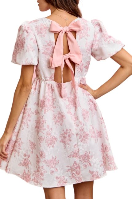 Floral Jacquard Ribbon Tie Back Mini Dress