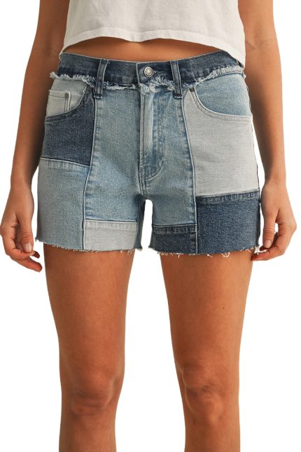 Stretch Mid Rise Denim Patchwork Shorts