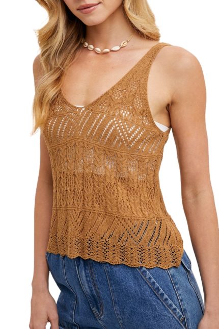 Open Knit Sleeveless V-neck Top