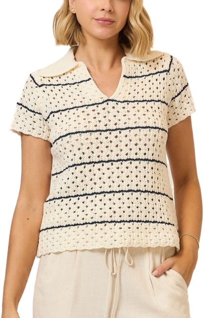 Striped Open Knit Short Sleeve Collar Top