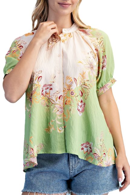 Two-tone Floral Print Button Down Blouse