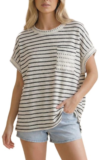 Round Neck Oversized Stripe Knit With Pocket