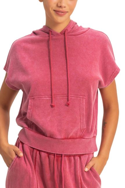 Acid Washed Sleeveless Hooded Kangaroo Pocket Top