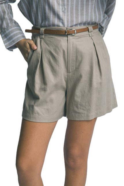 Pleated Linen Shorts W/ Leather Belt