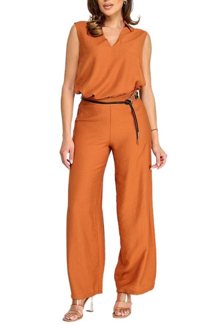 Sleeveless V-neck Collar Top With Belted Pants Set