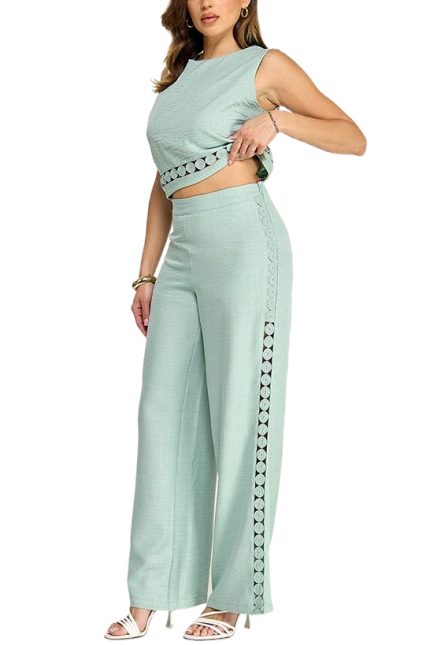 Sleeveless Lace Trim Detail Top With Pants Set