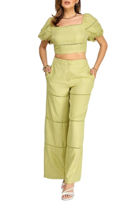 Short Sleeve Top And Pants Set With Lace Tape Detail