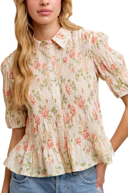 Floral Printed Short Sleeves Shirred Blouse Top