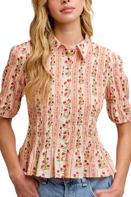 Floral Printed Short Sleeves Shirred Blouse Top
