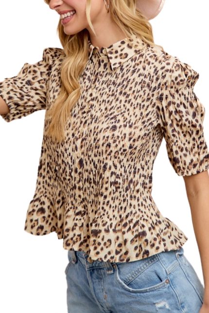 Leopard Printed Short Sleeves Shirred Blouse Top