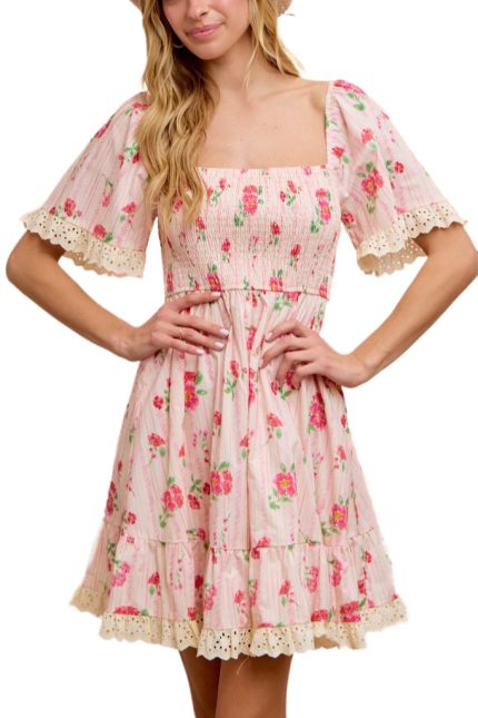 Floral Print Smocked Dress With Eyelet Ruffle Edge