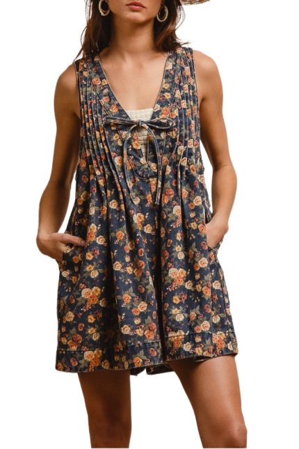 Washed Floral Denim Romper With Front Tie
