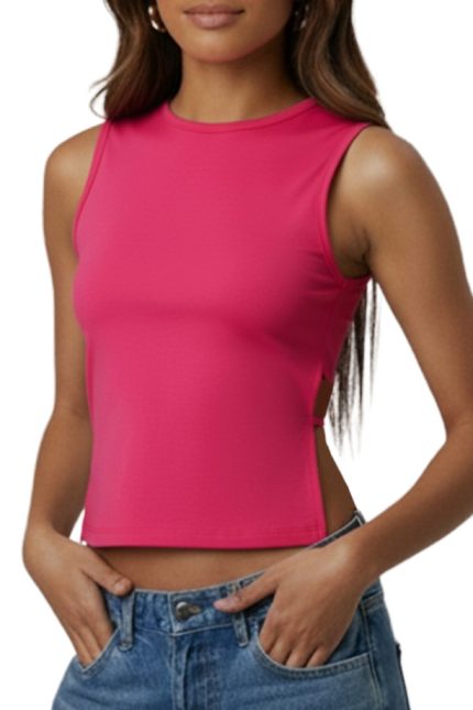 Sleeveless Mock Neck Top With Side Slit Tie