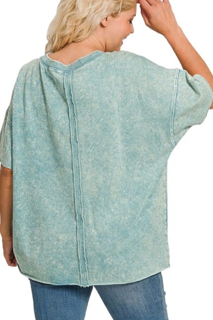 Plus Acid Wash French Terry Drop Shoulder Top