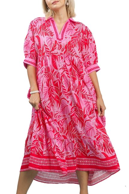 Plus Leafy Border Print V-neck Midi Dress