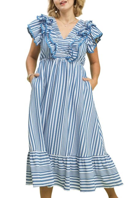 Plus Striped Ruffle Midi Dress