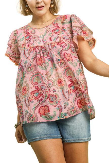 Plus Mix Paisley Ruffle Sleeve Top