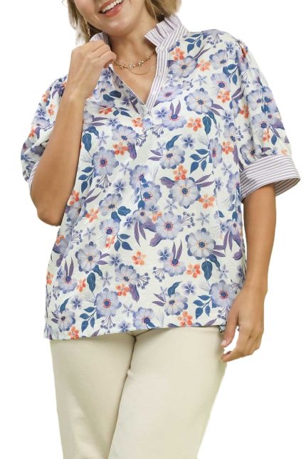 Plus Floral Print Jacquard Ruffle Top