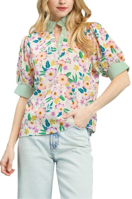 Floral Print Jacquard Ruffle Top