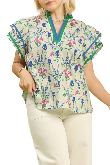 Plus Mix Floral Print Blouse With Contrast Trim