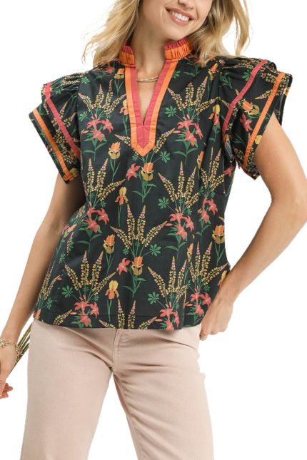 Mix Floral Print Blouse With Contrast Trim