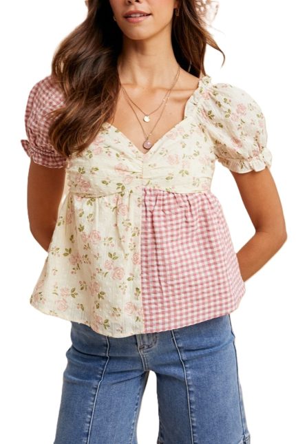 Rose Floral Gingham Sweetheart Babydoll Blouse