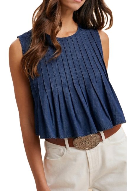 Pintuck Detailed Denim Sleeveless Blouse