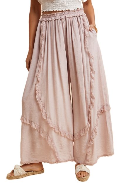 Lace Ruffle Trimmed Crinkle Woven Palazzo Pants