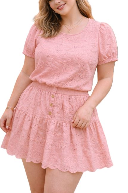 Plus Eyelet Puff Sleeve Top And Tiered Skirt Set
