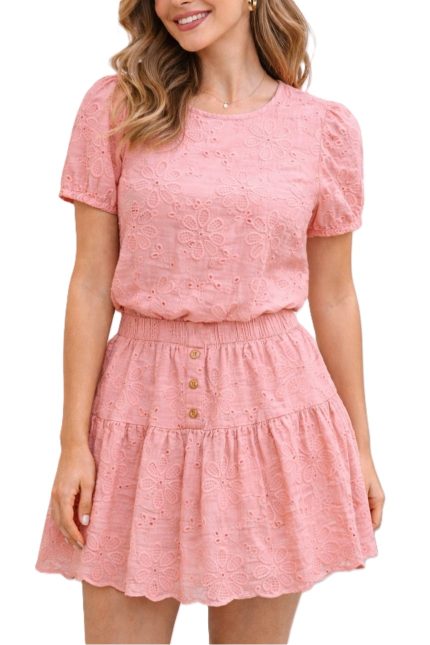 Eyelet Puff Sleeve Top And Tiered Skirt Set