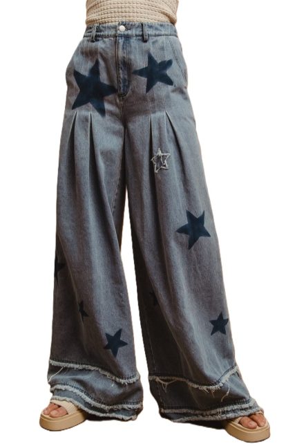 Mineral Washed Denim Star Patchwork Wide Pants