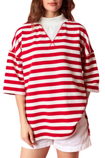 Mock Neck V-stitch French Terry Striped Top
