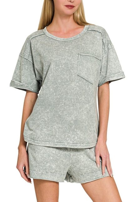 Halo Snow Washed Exposed Seam Top N Shorts Set
