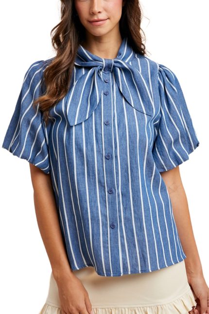 Stripe Denim Balloon Sleeve Blouse With Bow Detail