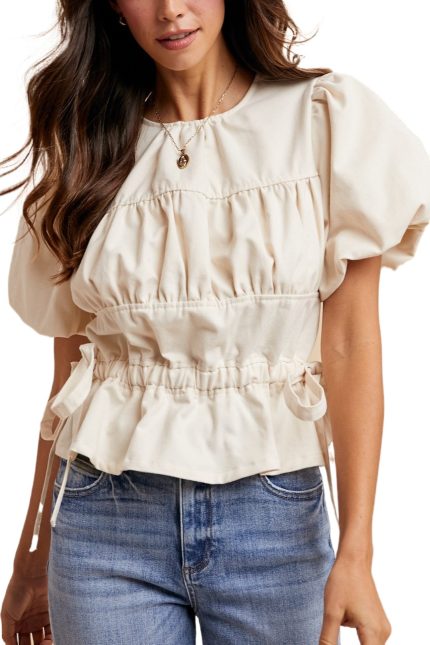 Heavy Cotton Bubble Sleeve Ruching Blouse