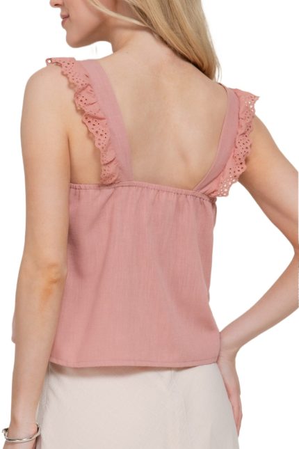 Square Neck Wide Strap Eyelet Ruffle Top