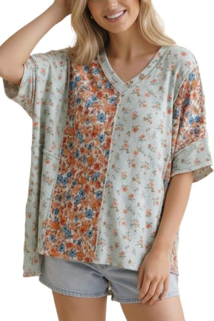 Floral Ribbed Reverse Stitch Knit Top