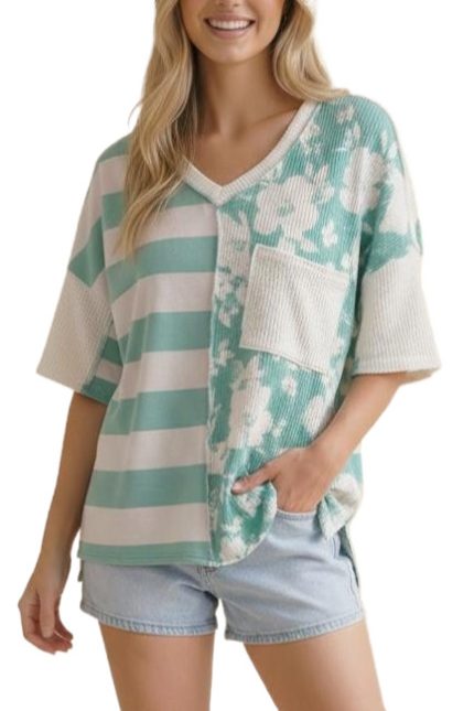 Stripe And Floral Print Color Block Knit Top