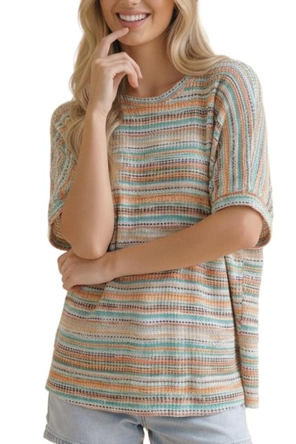 Dolman Short Sleeve Stripe Textured Knit Top